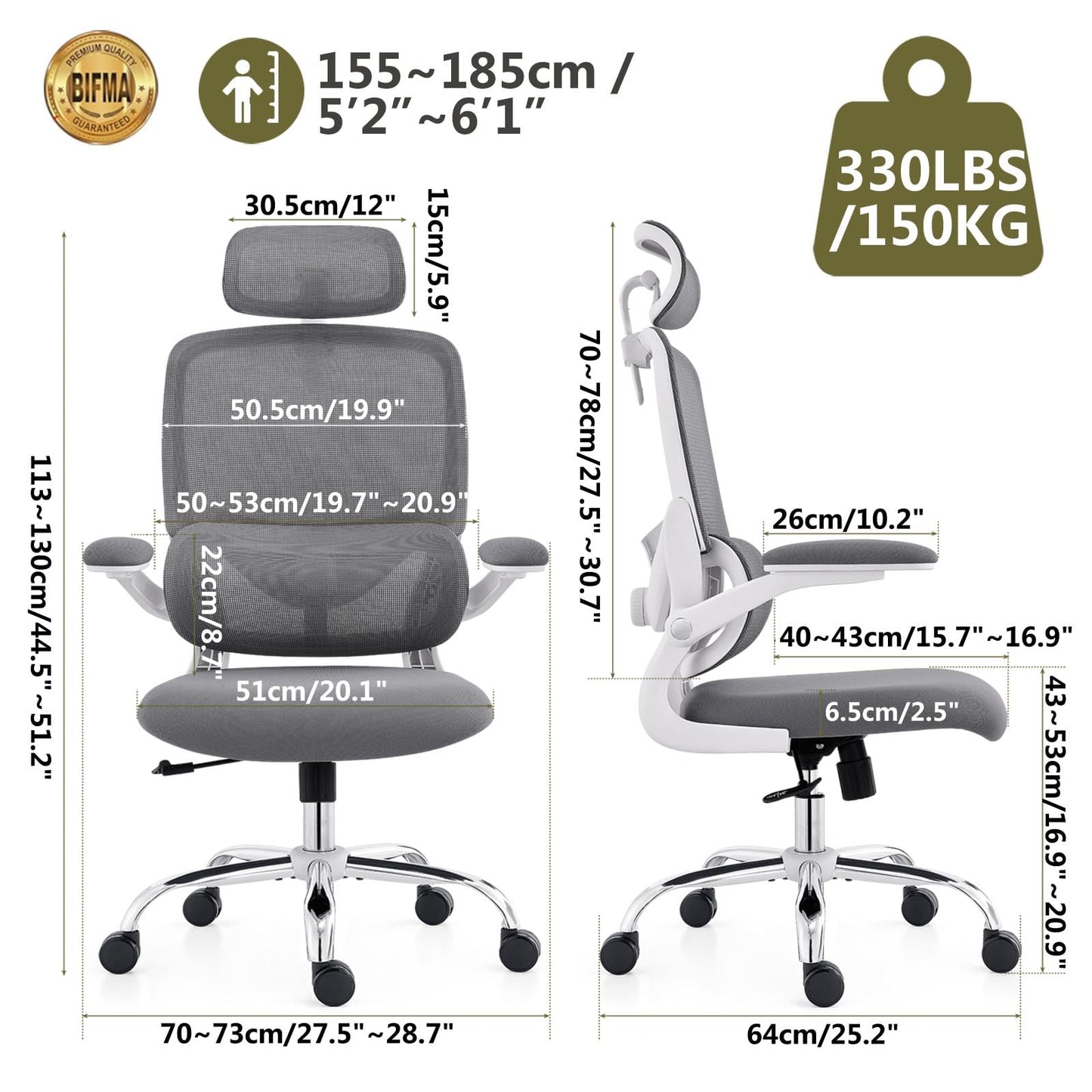TONFARY Ergonomic Home Office Chair, High Back Mesh Desk Chair with Adjustable Lumbar Support, Flip-up Armrest, Removable Headrest, Swivel Computer Gaming Chair, Space Saving, 330LBS (White+Grey)