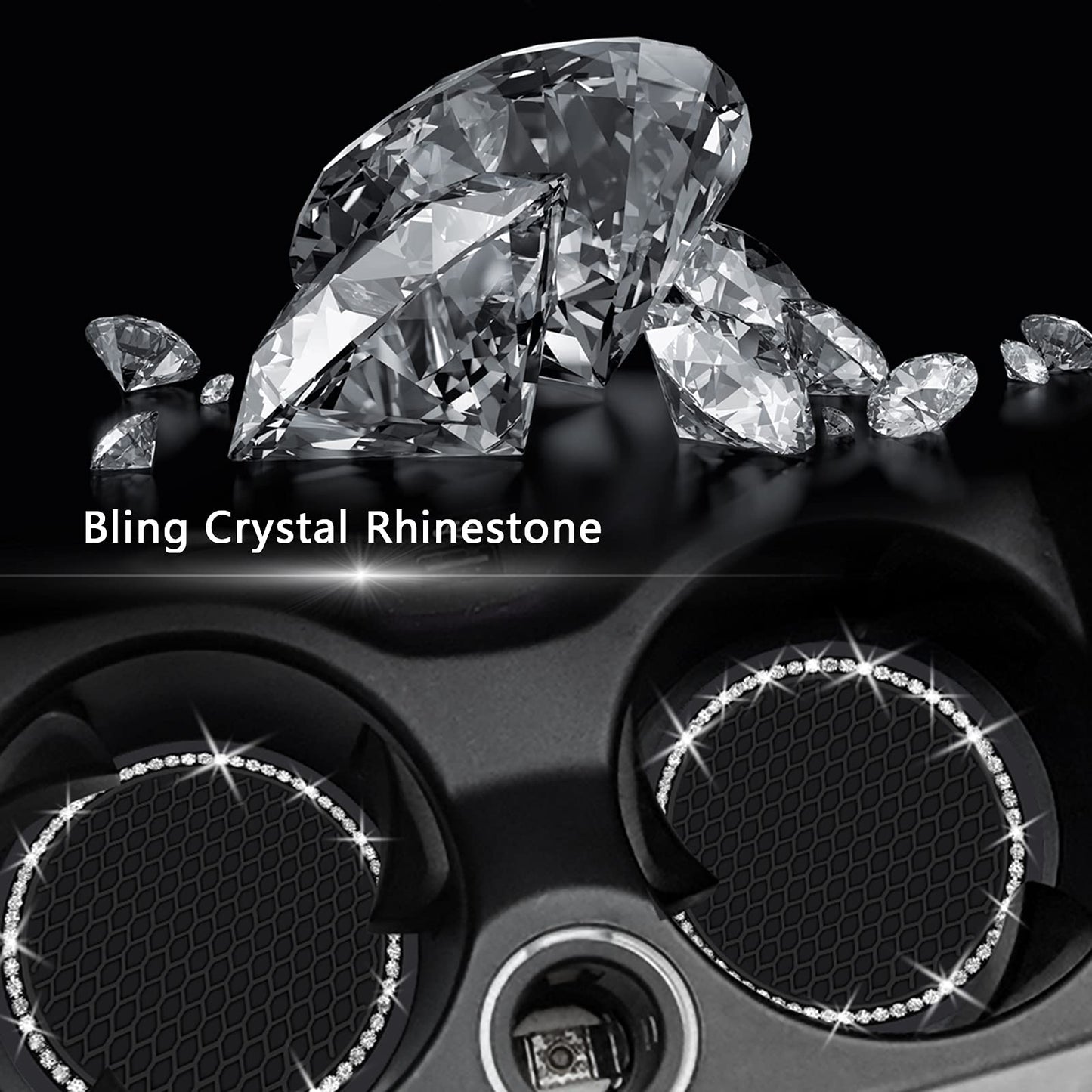 2PCS Bling Car Cup Coaster, 2.75 Inch Auto Cup Holder Insert Coasters Silicone Anti-Slip Crystal Rhinestone Drink Mat, Universal Vehicle Interior Accessories for Women Girls (Black)