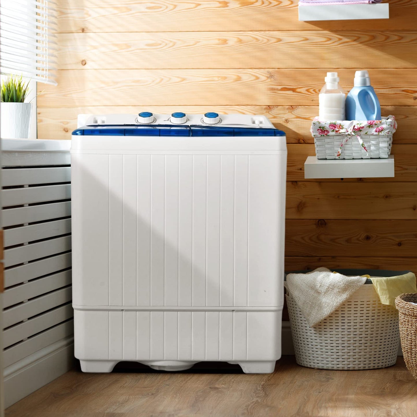 Giantex Portable Washing Machine, 26lbs Washer and Spinner Combo,18 lbs Washing 8 lbs Spinning, Built-in Drain Pump, w/Timer Control, Dorm Apartment Twin Tub Mini Laundry Washer Blue White