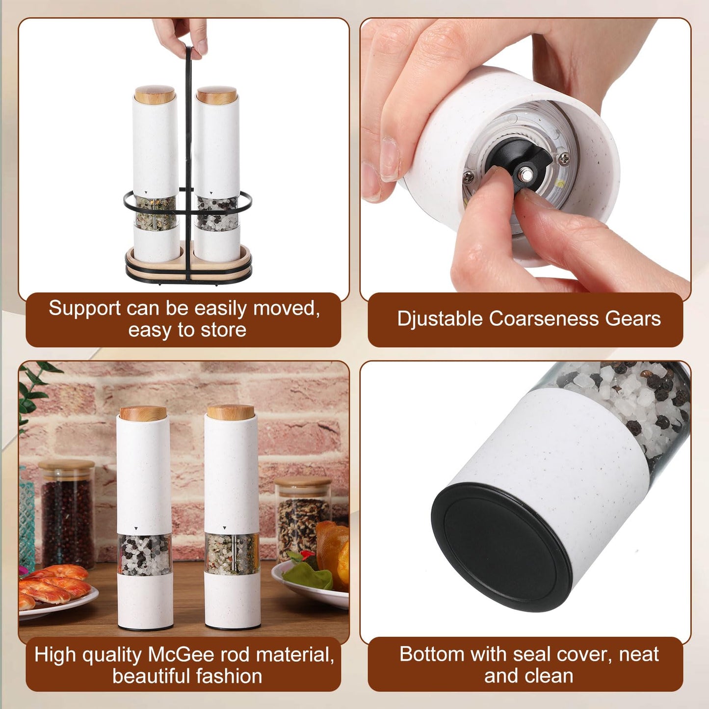 Threlaco Electric Salt and Pepper Grinder Set with 1 Portable Spill Proof Base 2 Packs Battery Operated Salt Pepper shakers with Adjustable Coarseness Light Wheat Straw Grinder for Kitchen(White)