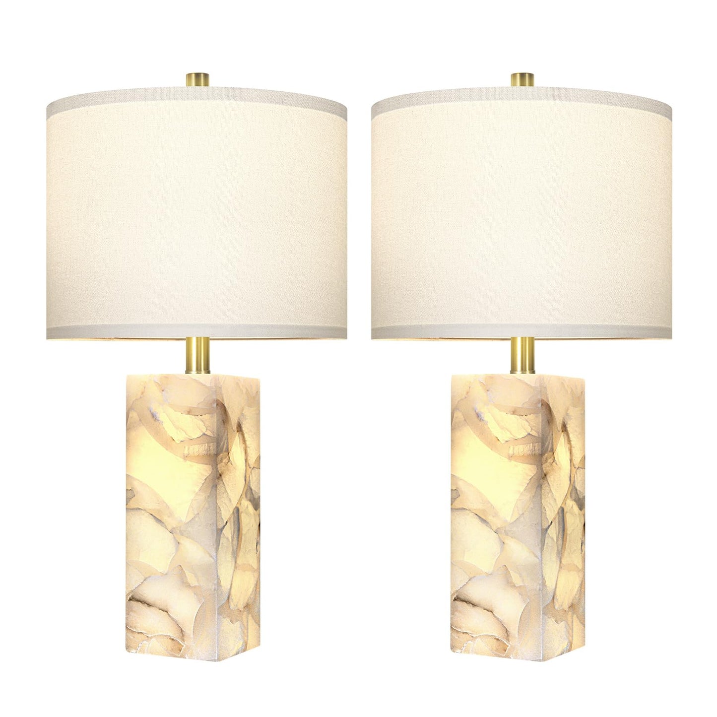 Scenekoy Alabaster Table Lamp Set of 2 with Night Light for Bedroom Living Room, 23" Rotary Switch Bedside Lamp with Linen Shade, Modern Nightstand Lamps for Room Office Dorm (Bulb Included)