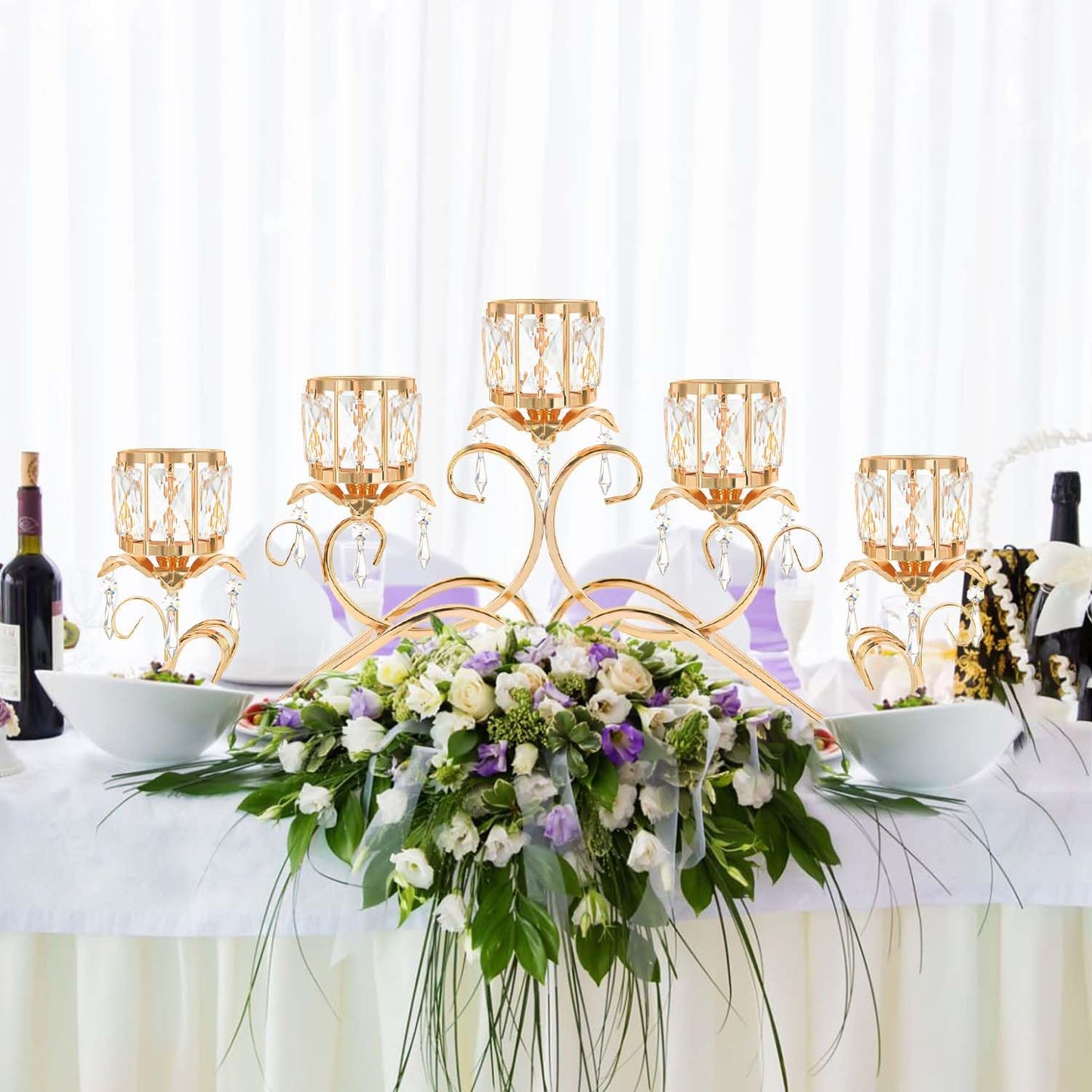 Kehail Gold 5 Arms 26.8 Inches Wide Crystal Pendant Bowl Tea Light Candle Holder, Large Bling Centerpiece Table Decorations, Metal Votive Candle Holders for Dining Table (Gold, Cup-Shaped)