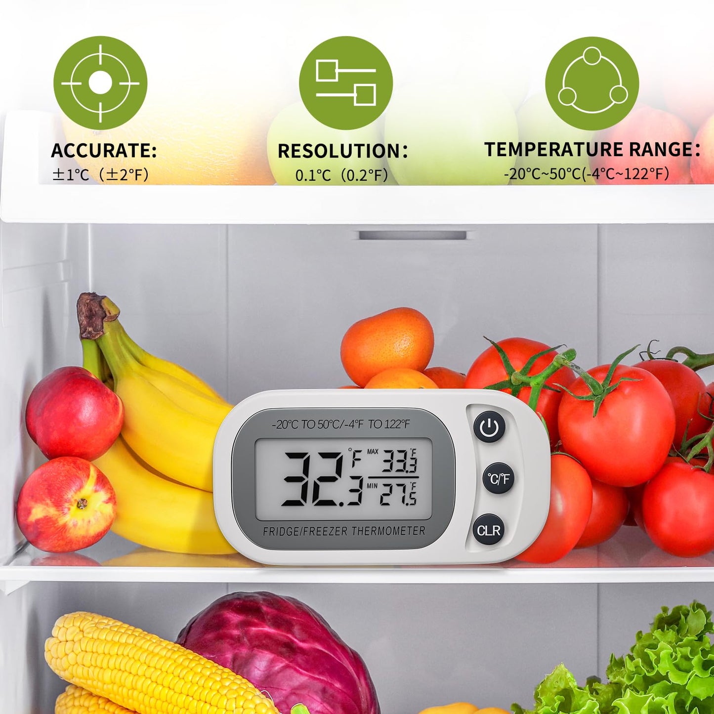 Digital Frigerator Thermometer 2 Pack, Waterproof Fridge and Freezer Thermometer, Thermometer Refrigerator with Large LCD Screen, Stand and Magnetic Back, for Room,Kitchen(White)