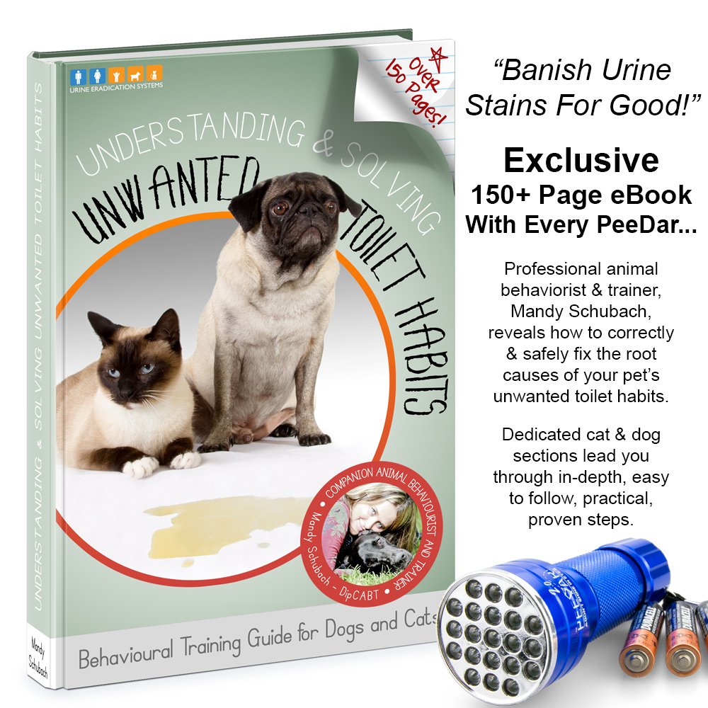PeeDar 2.0 UV Pet Urine Detector Black Light LED Flashlight + Cat & Dog Behavior Guide. Ultra Bright Optimal 380-385NM Wavelength Finds Invisible Stains Instantly! Stop Pet Pee Issues Forever