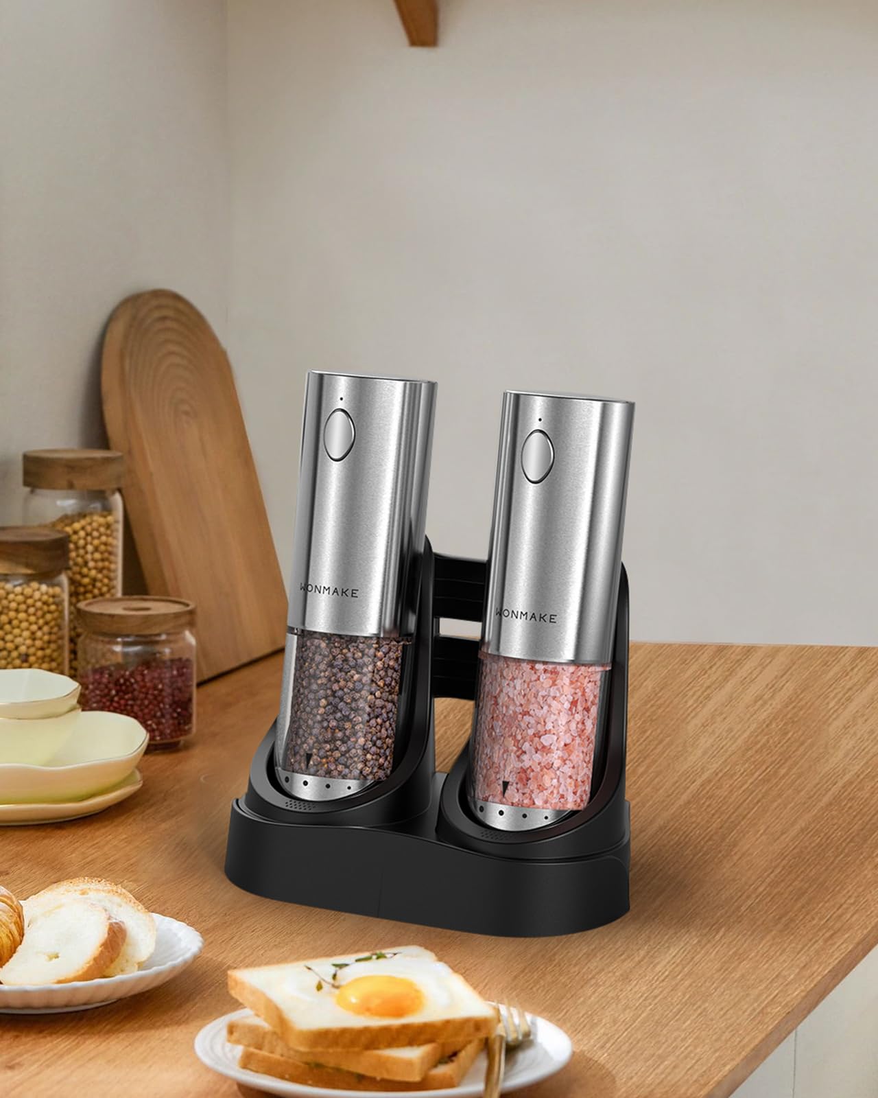 Electric Salt and Pepper Grinder Set - Automatic Refillable Salt and Pepper Grinders with Charging Base & LED Light, 6-Level Adjustable Coarseness with External Dial, Ideal Kitchen Gadget,Silver