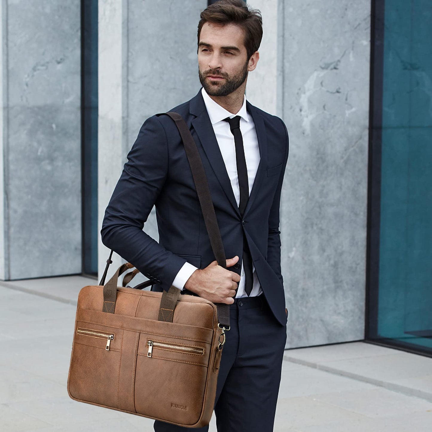 BAGZY Leather Laptop Bag for Men - 15.6 Inch Briefcase Messenger Shoulder Bag for PC Business Handbag Document Bag (Black)