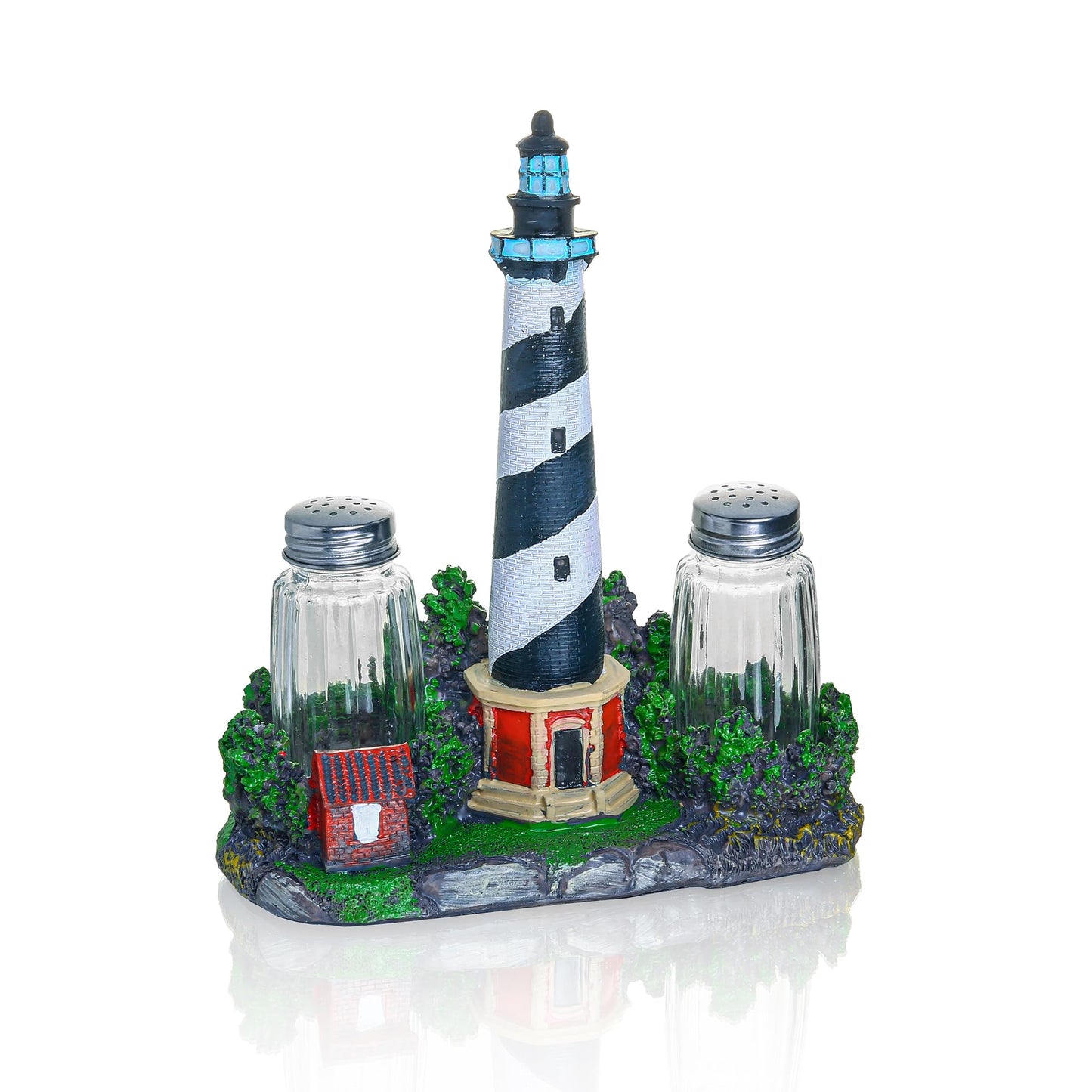 Coastal Lighthouse Salt and Pepper Shaker Set - Bodie Island Lighthouse Decor with Glass Seasoning Bottles, Nautical Kitchen Decor for Beach House, Coastal Themed Accessories and Table Centerpiece