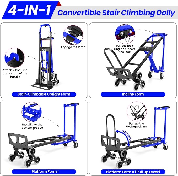 4-in-1 Hand Truck Dolly Heavy Duty Industrial Convertible, 1000 LBS Stair