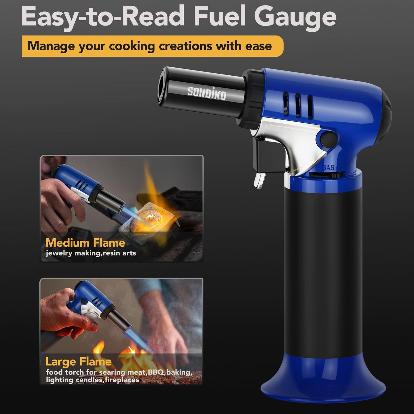 Sondiko Butane Torch with Fuel Gauge S907, Refillable Soldering Torch Lighter with Adjustable Flame for Welding, Industrial, Resin Art(Butane Gas Not Included)
