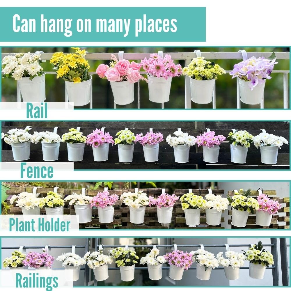 LaLaGreen 6 Inch Hanging Planter Iron - 10 Pack, White Large Metal Flower Pot Over Rail Balcony Railing Hanging Buckets for Plants Outdoor Fence Wall Herb Garden Succulent Outside Deck Patio Porch