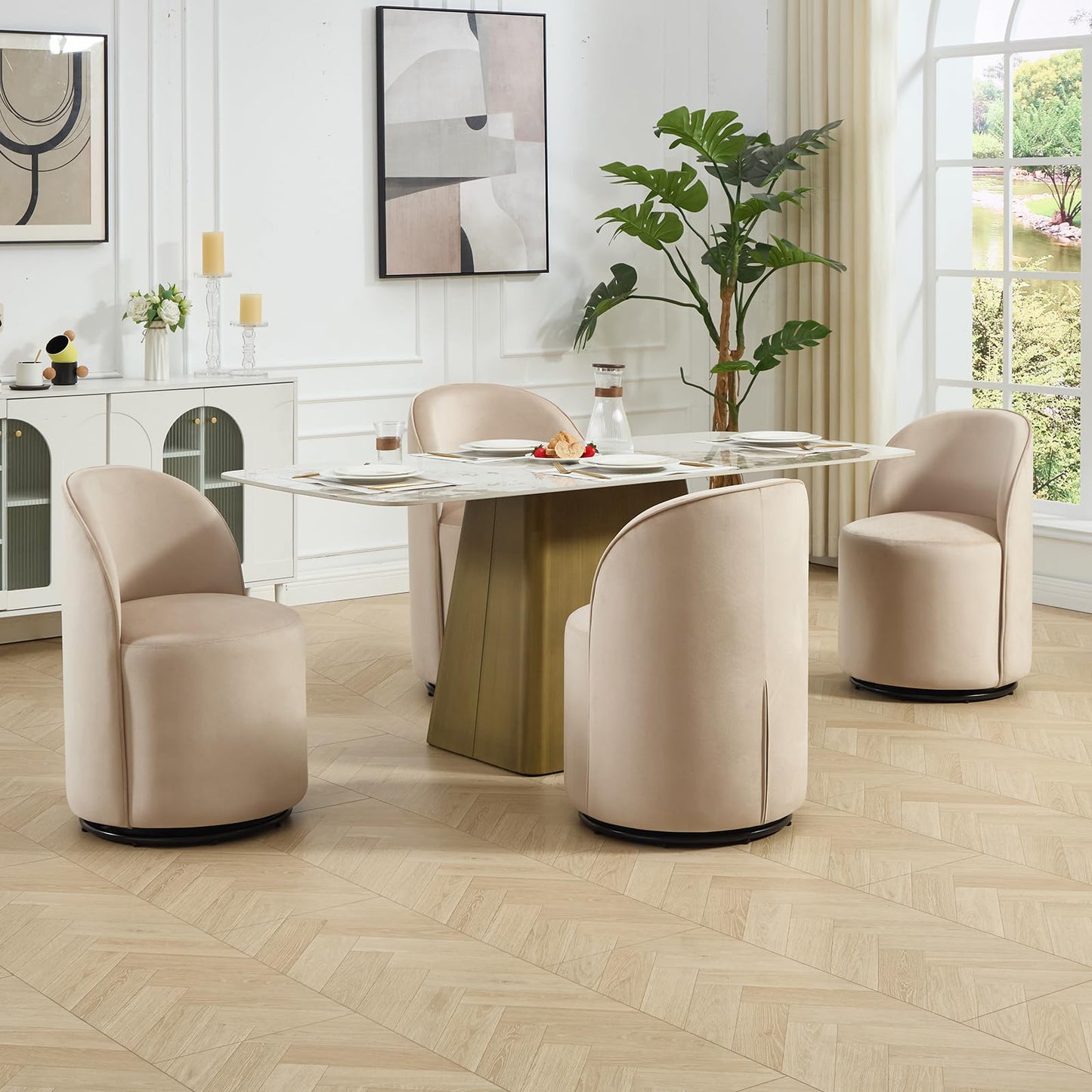 Orirsnug Modern Swivel Dining Chair Set of 1,Velvet Upholstered Swivel Barrel Chair with 360° Rotation, Comfy Round Armless Accent Vanity Side Chair for Kitchen/Dining Living Room/Bedroom, Khaki