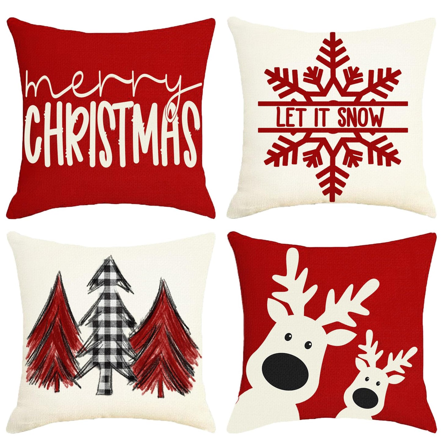 Sunboom Christmas Pillow Covers 18x18 Set Of 4, Christmas Farmhouse Decoration Holiday Winter Throw Pillow Covers, Red Snowflake Merry Christmas Tree Reindeer Linen Pillow Cases, Xmas Decor Home Couch