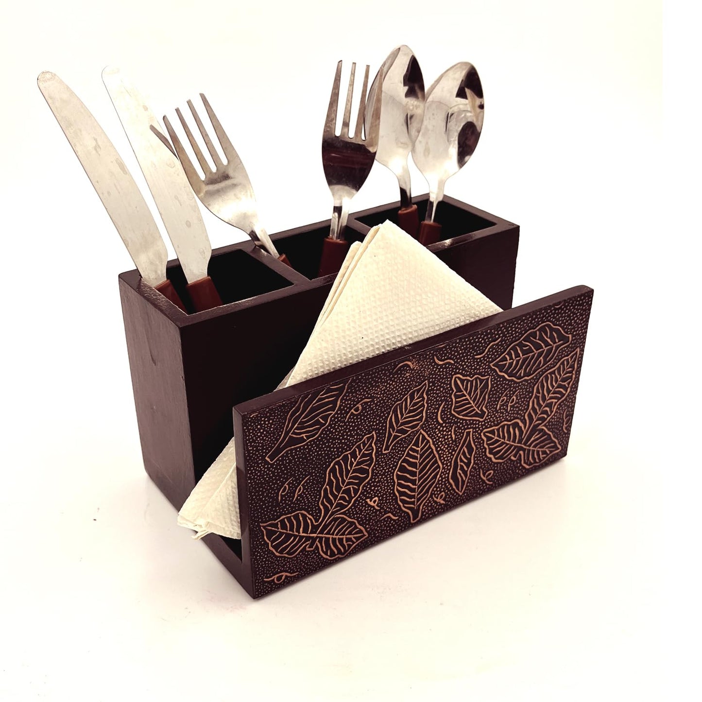 ZYNTIX Wooden Napkin Stand with Cutlery Holder | Cutlery Stand | Napkin Stand with Spoons for Kitchen | Tissue Paper with Offices Stationary Holder | Spoon Stand for Dining table (Brown)
