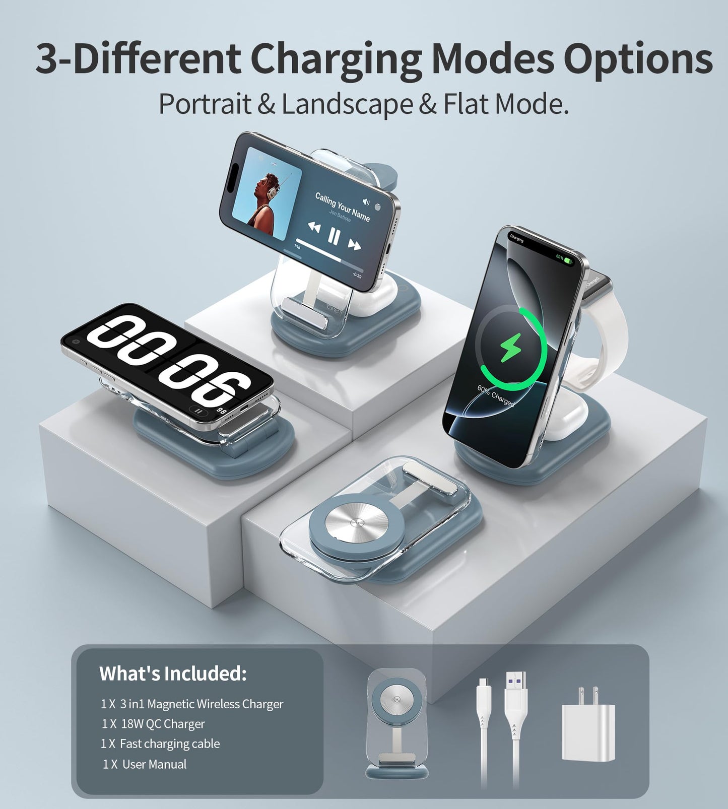 3 in 1 Magnetic Wireless Charging Station for Apple Devices, Fast Foldable Travel Mag-Safe Charger Stand with Night Light for iPhone 16 15 14 13 12 Series, Apple Watch/AirPods Pro,LB