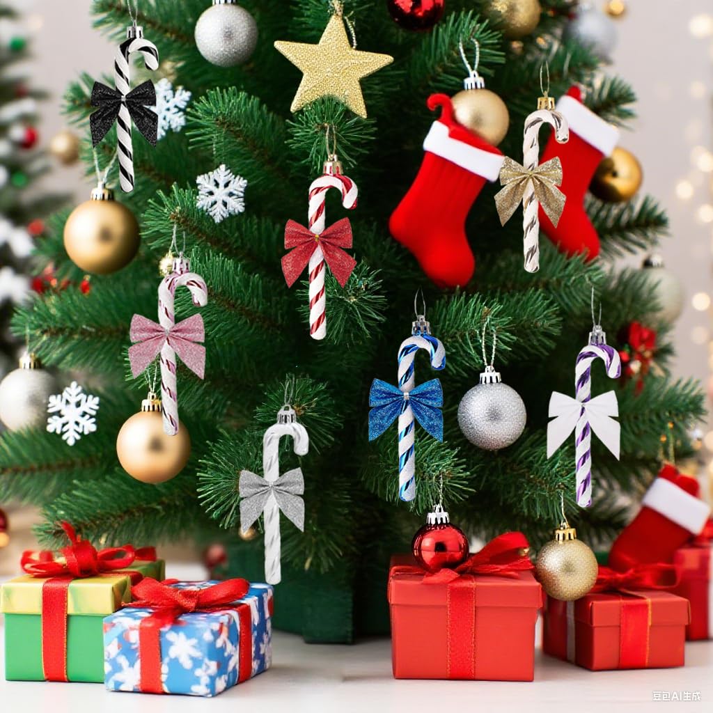 HERZWILD 12Pcs Christmas Glitter Candy Cane with Bow Pink Plastic Candy Cane Decoration Christmas Tree Hanging Ornament for Holiday Party Decoration Favor(Pink Bow)
