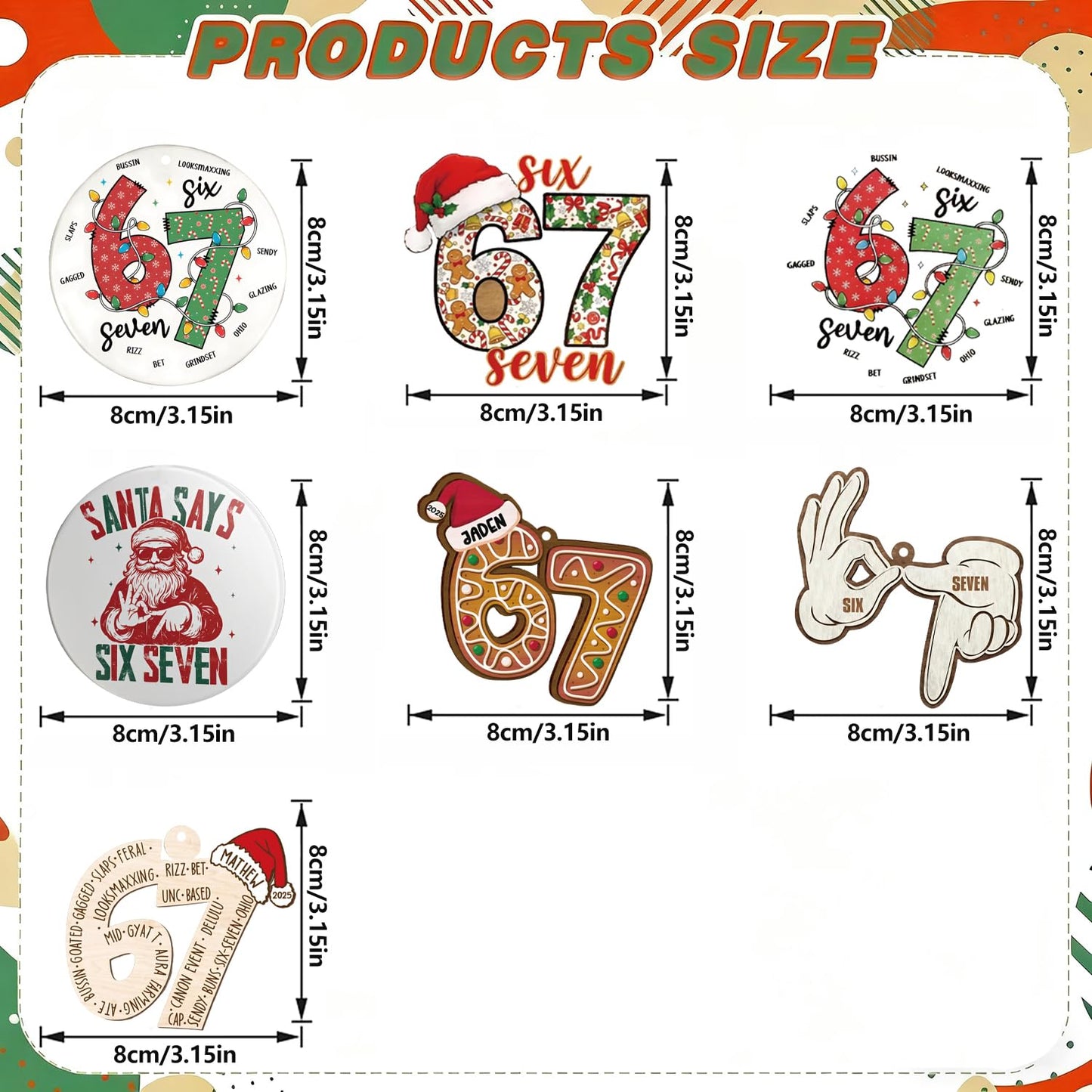 67 Christmas Tree Decoration,7Pcs Fun 67 Christmas Ornament, Cute 67 Ornament Xmas Tree Accessories Christmas Pendants Hanging, Santa Hat Gingerbread Christmas Ornament