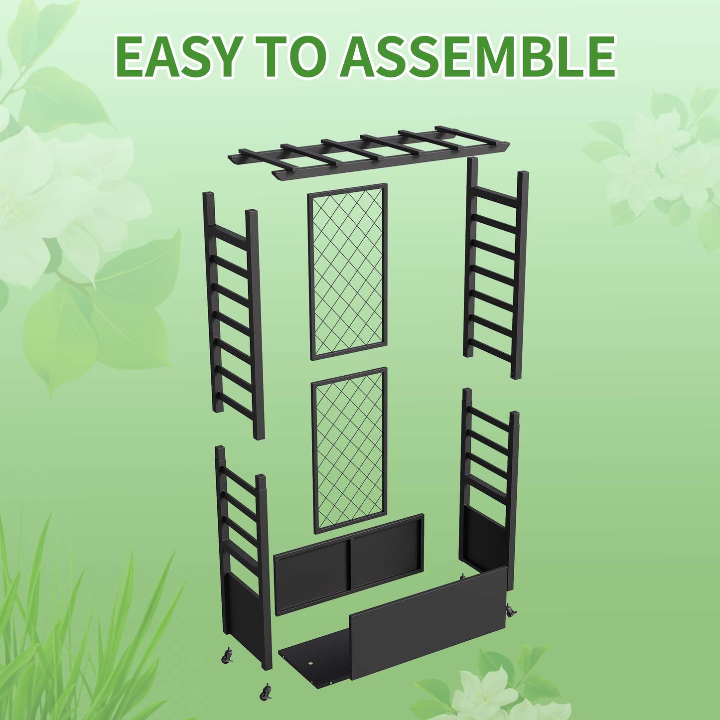 Sunnibety Raised Garden Bed with Trellis & Hanging Roof, Weatherproof Metal Planter Box with Wheels, Garden Arch Trellis for Outdoor Climbing Plants Vines Flowers, 74" H x 44" L x 17" W, Black