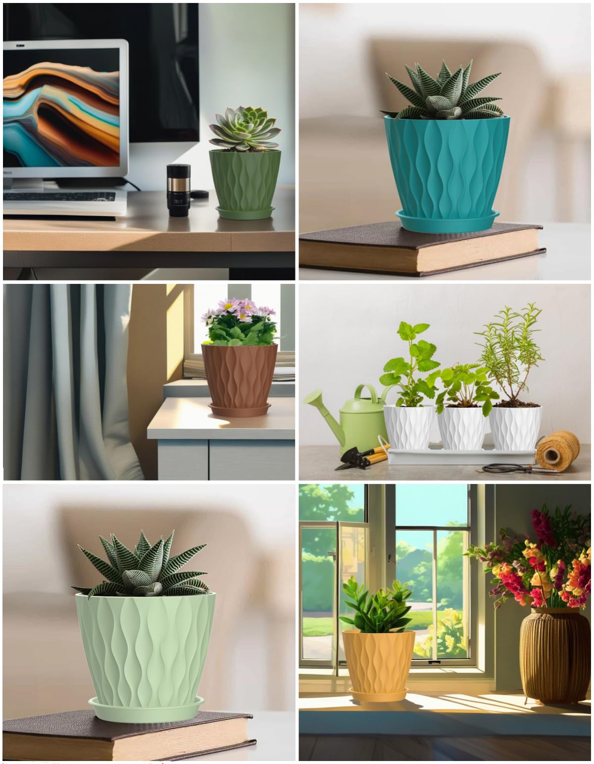 SQKH 4 Inch Plant Pots, 6 Pack Indoor Flower Pots, Planters with Drainage Holes and Trays for Orchids, Violets, Succulents, Herbs, and Other Plants,Corolful