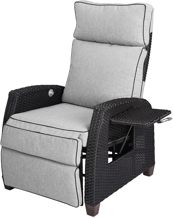 Grand patio Outdoor Recliner Chair Patio 150° Lay Flat Recliner with Flip Table Wicker Reclining Lounge Chair, Griege