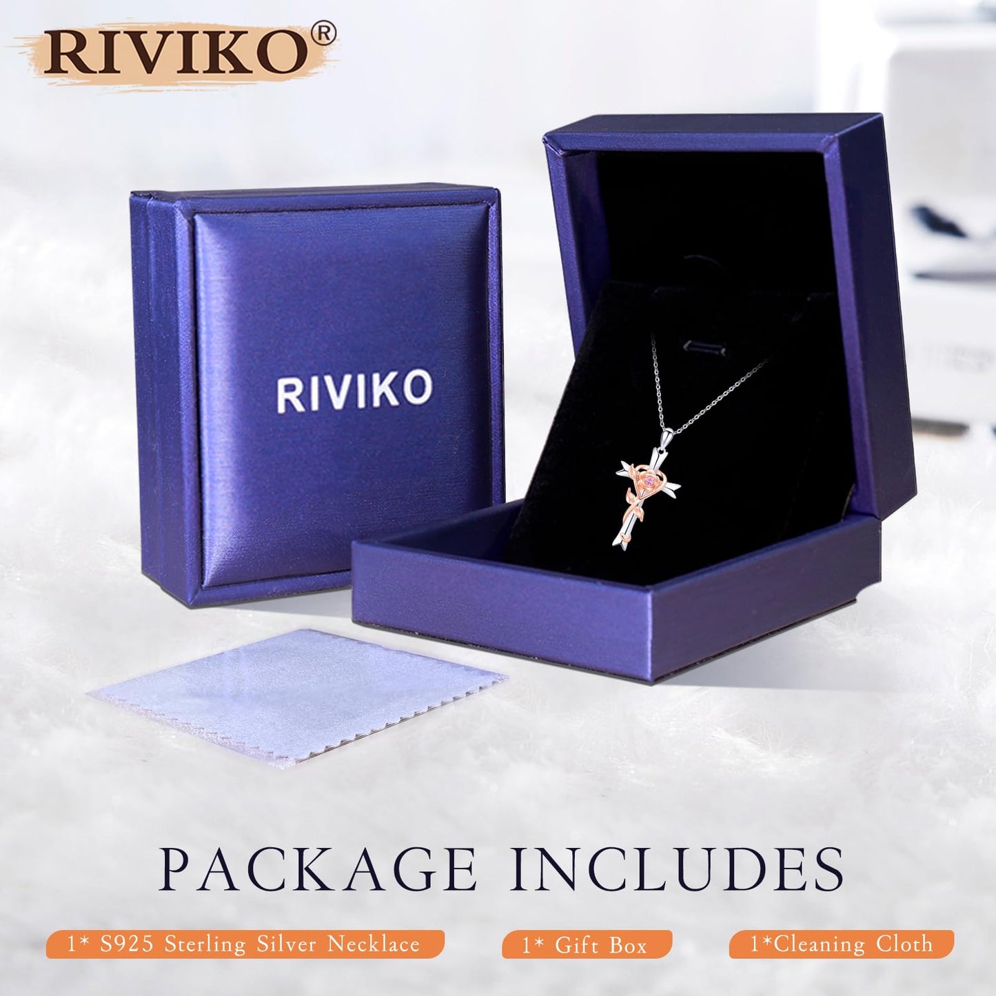 RIVIKO 925 Sterling Silver Cross October Birthstone Necklace for Women Cross Rose Pendant Necklaces Trendy Christmas Valentine's Day Jewelry New Year Anniversary Birthday Gift for Women Her Wife