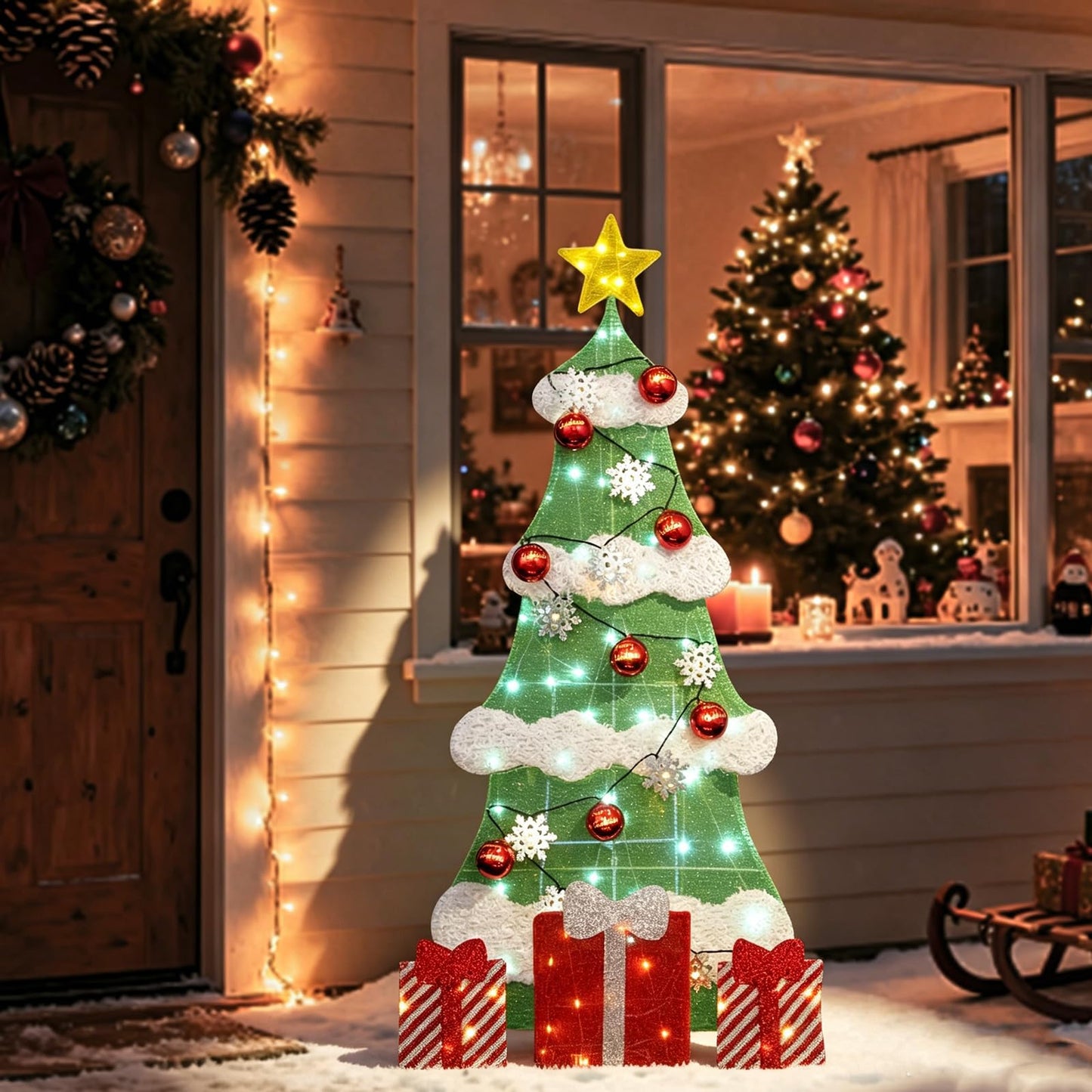 3ft 2D Christmas Tree Outdoor Decorations with 100 Twinkling LED Lights, 8 Light Modes, Large Holiday Yard Ornament for Patio, Lawn, Home(Sphere+Snowflake)