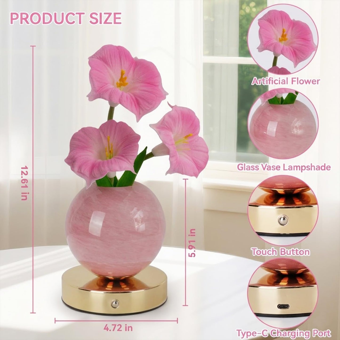 Strackvial Flower Table Lamp, Rechargeable Cordless Touch Dimming Artificial Morning Glory Flower Desk Lamp, LED Flower Bedside Night Light Romantic Gifts for Girl Women Mom (Pink Morning Glory)
