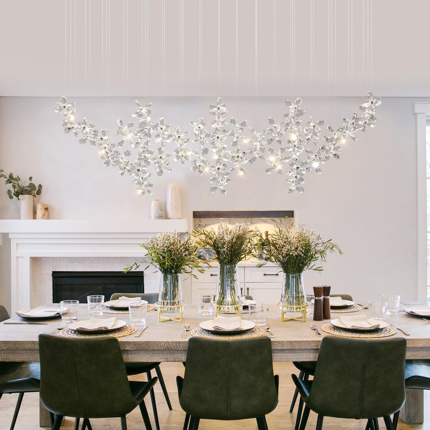 HAILUNBAO Rectangle Modern Dining Room Chandelier Kitchen Island K9 Crystal Raindrop Chandelier Sliver Linear Flower Chandelier for Dining Room Rain Drop Bling Lamps Kitchen Chandeliers Over Island