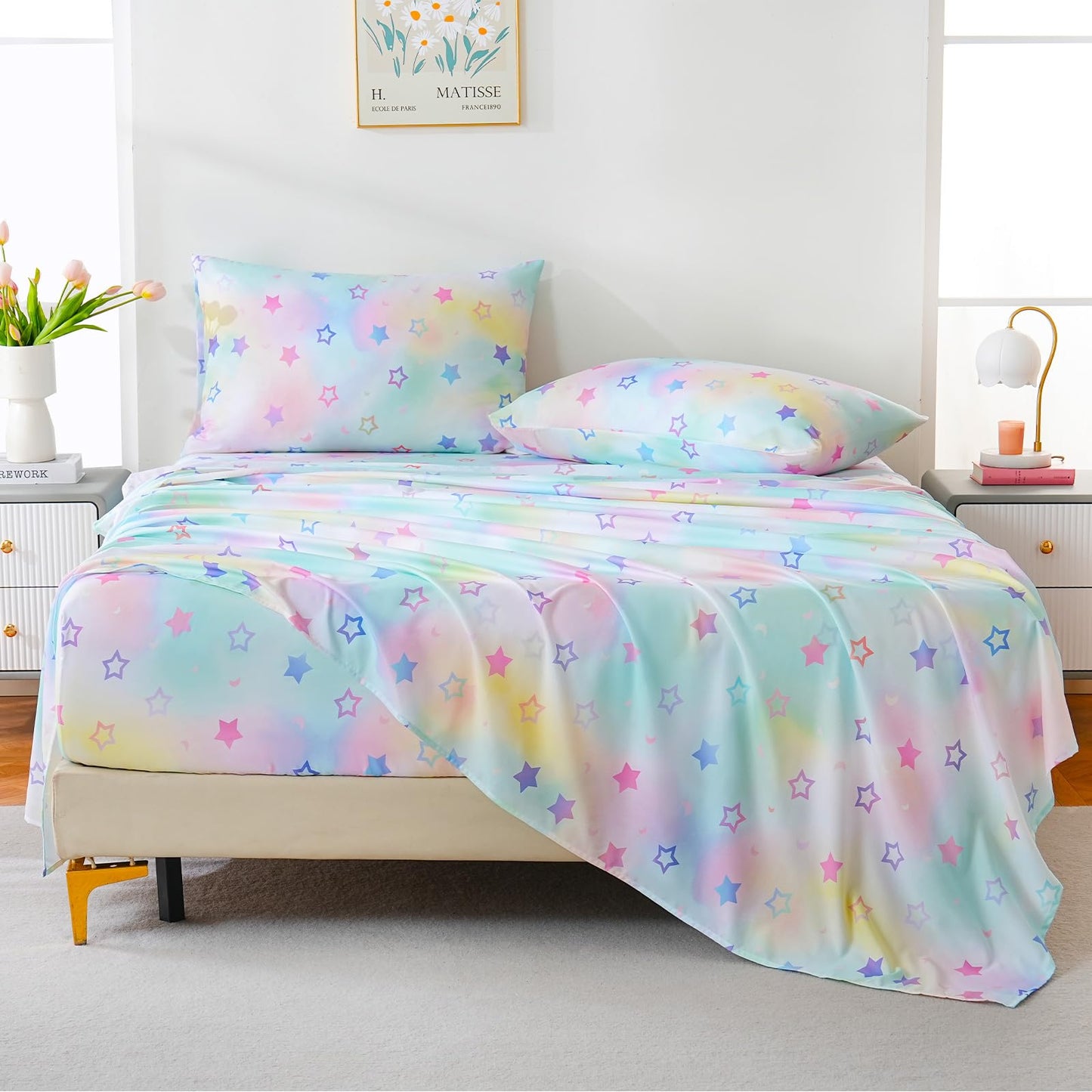 ChicView Queen Sheet Set Kids,4 Pieces Breathable Soft Microfiber Bedsheets for Child Boys Girls, Anti Pilling Deep Pockets Easy Care Bed Sheets, Stars