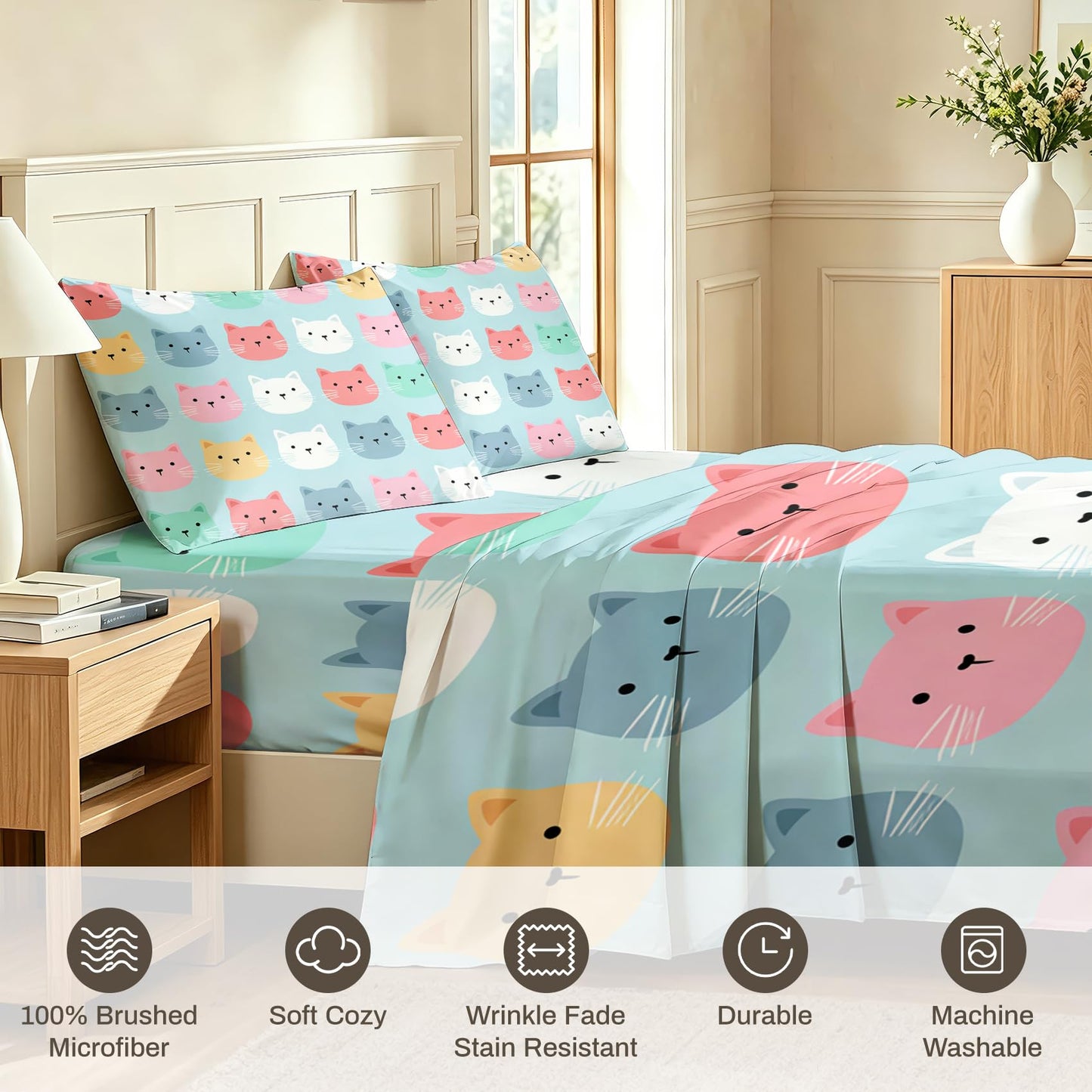 Cute Cat Sheet Set, 4 Pcs Full Size Girls Kitten Bed Sheets