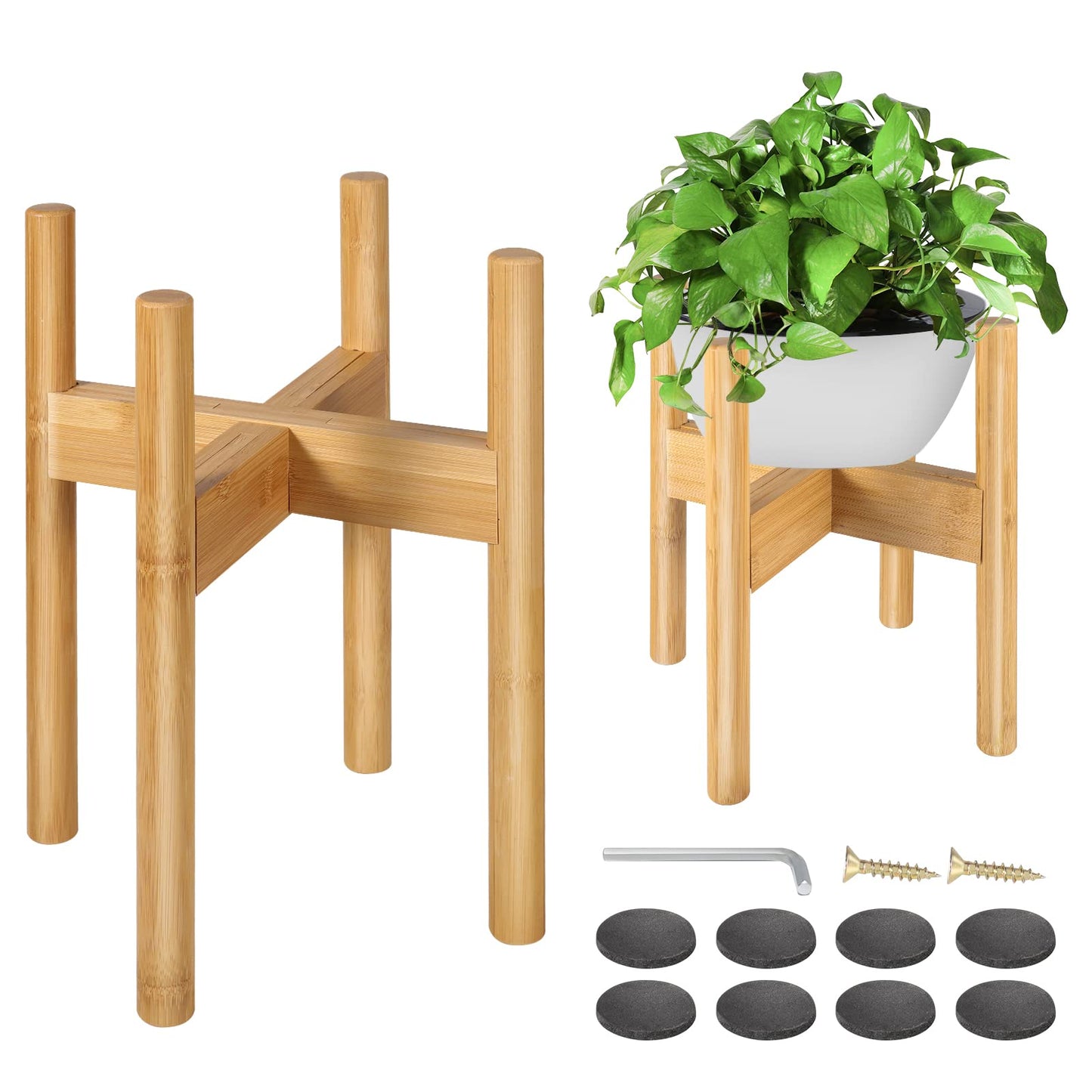 BESHOF 2 Pack Bamboo Plant Stands, Adjustable Plant Stand Indoor, Mid Century Modern Plant Stand, Plant Holder for Living Room, Balcony Fits 8 to 12 Inches Pots (Beige)