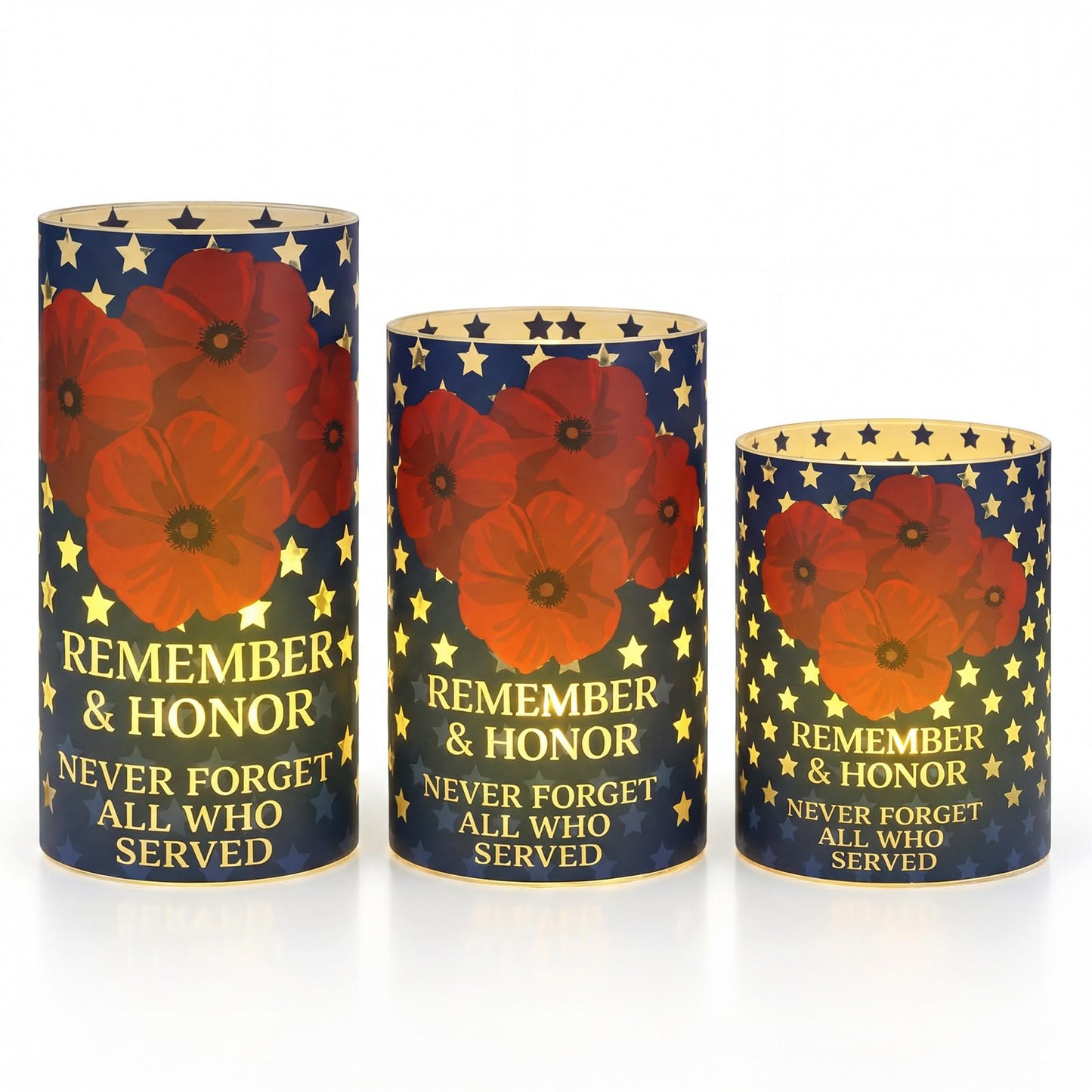 Baquler 3 Set Patriotic Flameless Candles White Red Blue Lampshade with LED Tea Lights Star Poppy Flower Candle Decorations for Independence 4th of July Veterans Day Tabletop Home Decor