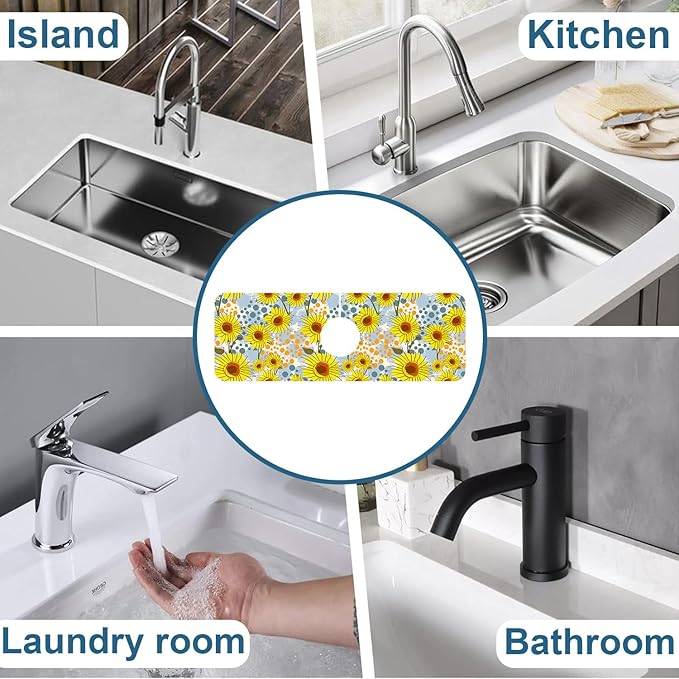 Watercolor Sunflowers Sink Faucet Absorbing Mat Sunflowers Polka Dots Super
