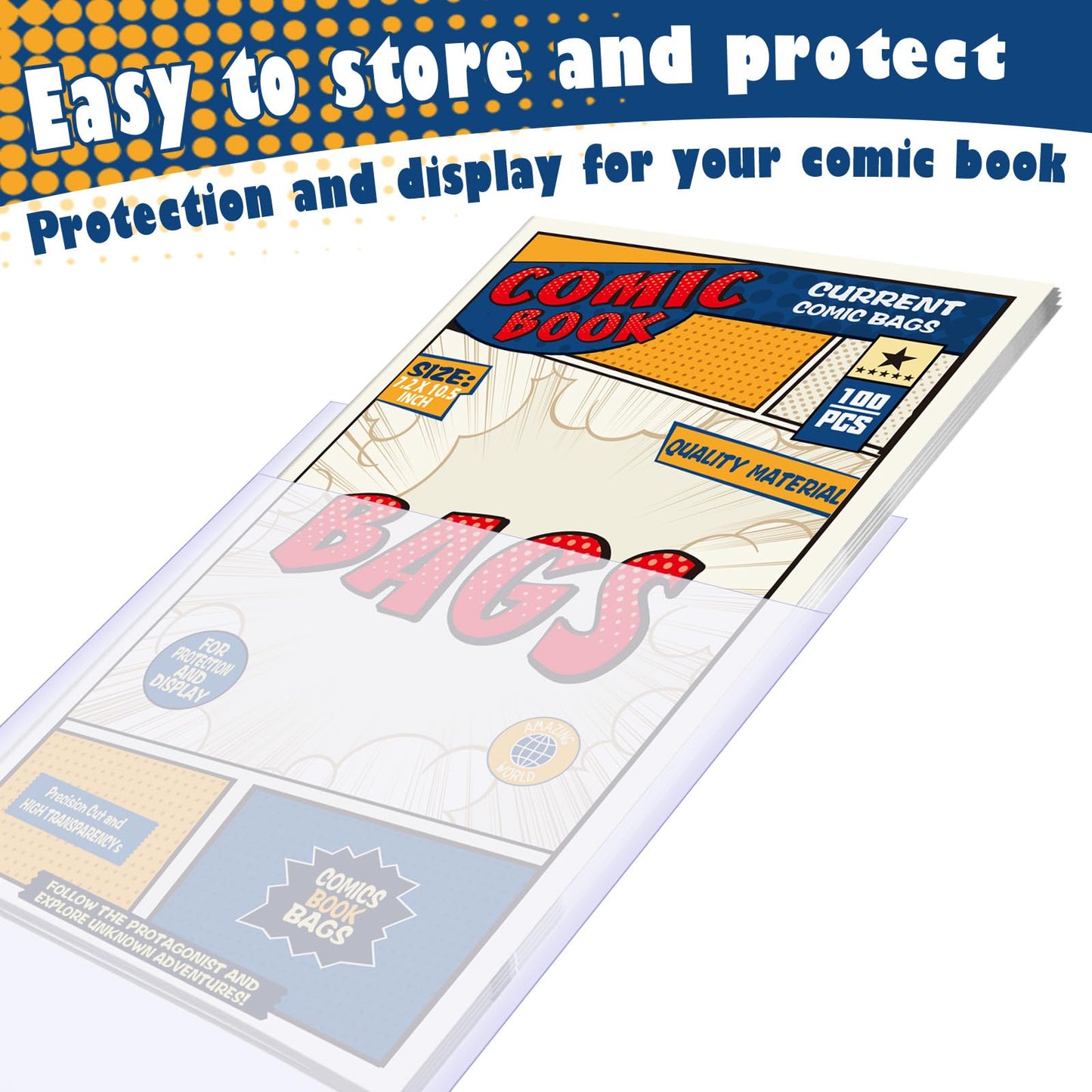 100 Count Comic Book Bags, Current Size Comic Bags 7.2 X 10.5 inch Transparent Acid-Free and Reusable Comic Book Sleeves for Regular Comics