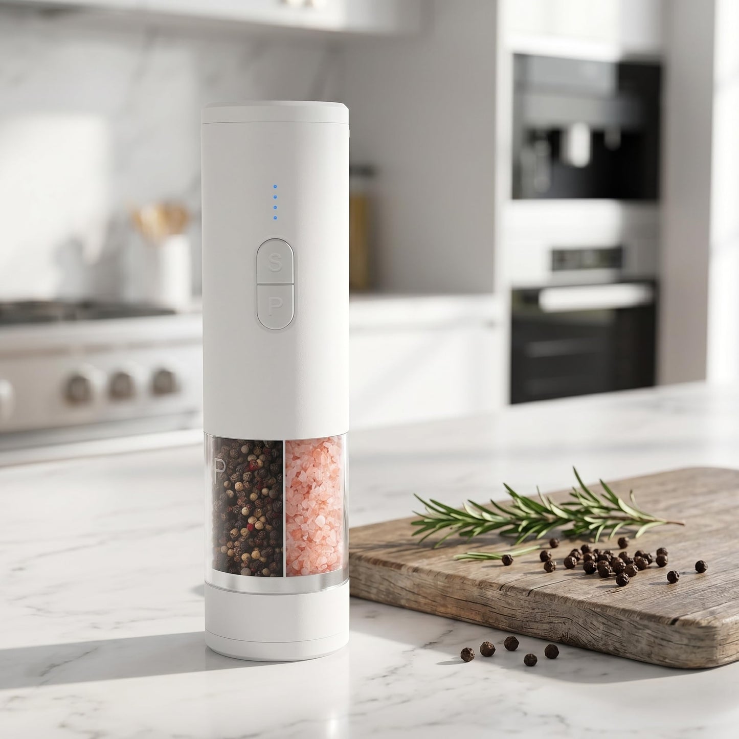 2 IN 1-Electric Salt and Pepper Grinder Set Shakers, Rechargeable Automatic Pepper Mill,with LED Lighting,Adjustable Grinder,Large Capacity-Ideal for Kitchen,BBQ,Ideal Kitchen Gifts (White)