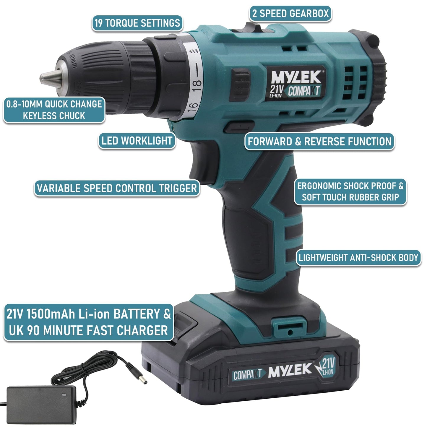 MYLEK MYBMC092 18V Cordless Drill Electric Driver Set, Lithium Ion Battery, 18 Volt Combi Screwdriver Pack, Black, 151 DIY Piece Accessory Kit and Carry Case (Blue 21V & 29 Piece Accessory Kit)