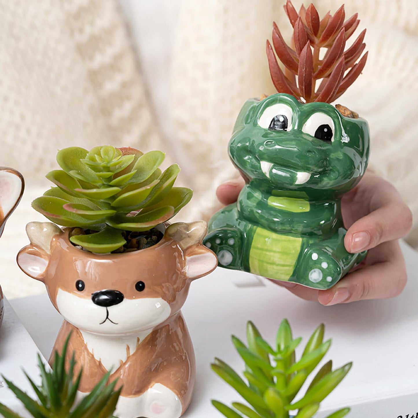 DIYOMR Cute Animals Planter, Mini Ceramic Cartoon Animal Shaped Succulent Flower Pot Indoor Air Plants Holder, Smooth Shiny Decorative Flower Cactus Planter - Plants Not Included (White Bear)