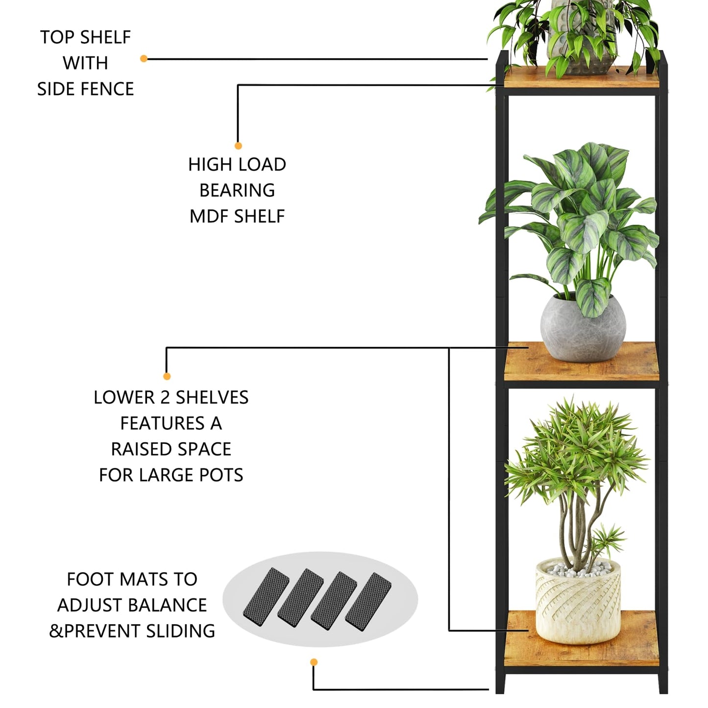 yeavs 3-Tier Plant Stand Indoor, 45" Tall Modern Plant Shelf Corner Flower Pot Holder Organizer for Living Room Balcony Garden, Rustic Brown