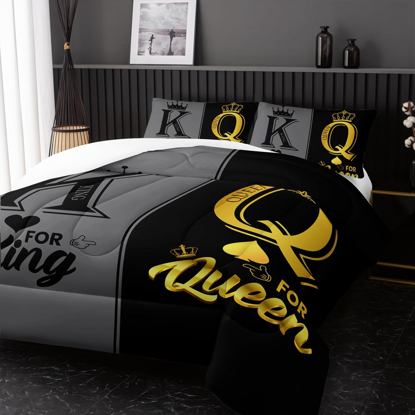 Nttopship King and Queen Crown Comforter Set Black and Gray Couple Bedding Set,3Pcs Mr Mrs Comforter Set for Adults Couple Men Women,His and Hers Quilt Set 2 Pillowcases Bedroom Decor Twin