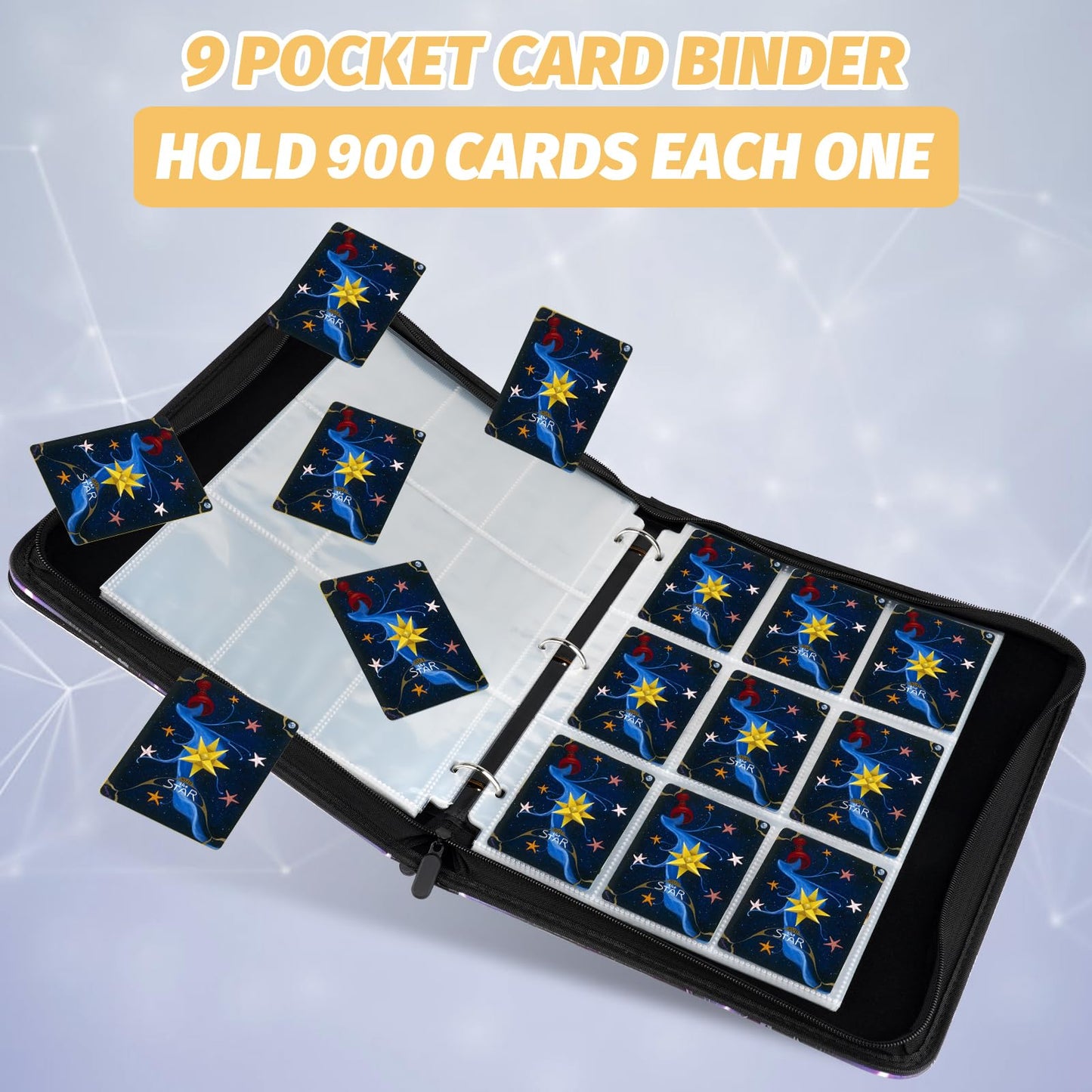 GERMUN Trading Card Binder, 900 Pockets Card Binder, 9-Poccket Sided Pocket Sports Card Binder, Premium Card Binders Compatible with MTG, TCG, Baseball Cards(Carbon Black)