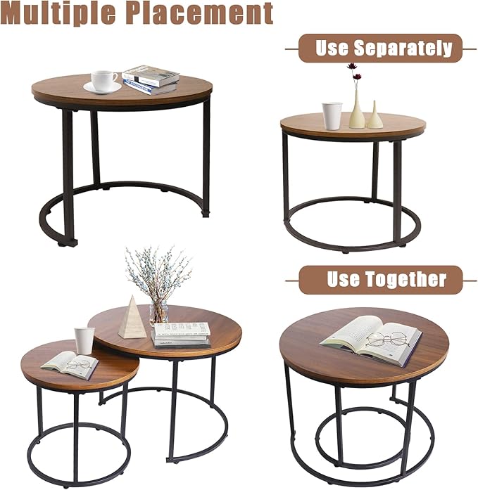 aboxoo Coffee Table Nesting Side Round Set of 2 End Table Top Sturdy Metal