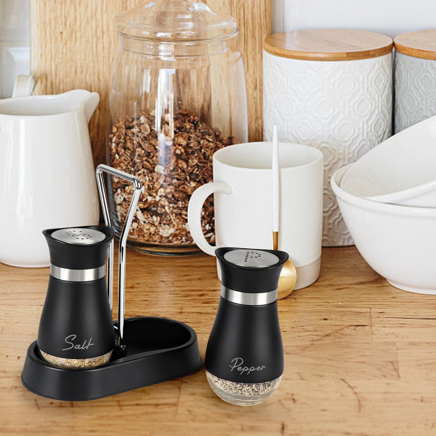 Accmor Salt and Pepper Shakers Set with Holder, 4 oz Stainless Steel Salt Pepper Shaker Containers with Glass Bottom for Kitchen Cooking, BBQ, Bar, Table, RV, Camp