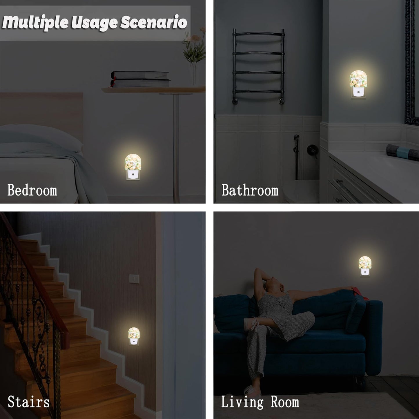 Yellow Rose Flowers Butterfly Night Light Plug into Wall, Spring Floral Butterflies Dusk to Dawn Night Light Plug in,0.5w Energy Saving Sleep Friendly NightLight for Kids Boys Girls Home Decor