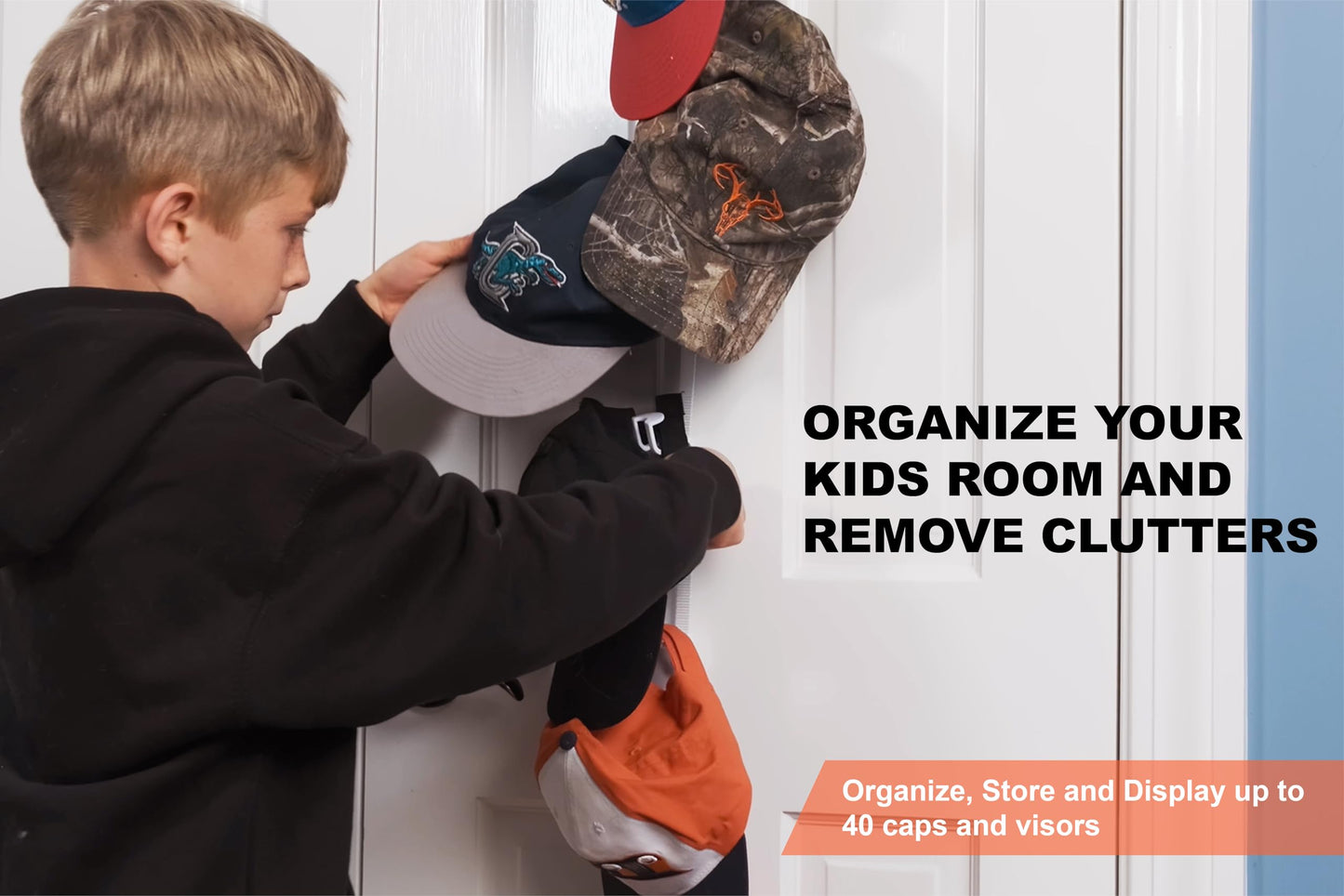 Perfect Curve Hat Organizer CapRack | Over-The-Door Hat Rack and Organizer | Baseball Cap Rack | Hat Rack for Door | Cap Organizer | 2 Straps | Holds 18 to 36 Adjustable Caps |Black