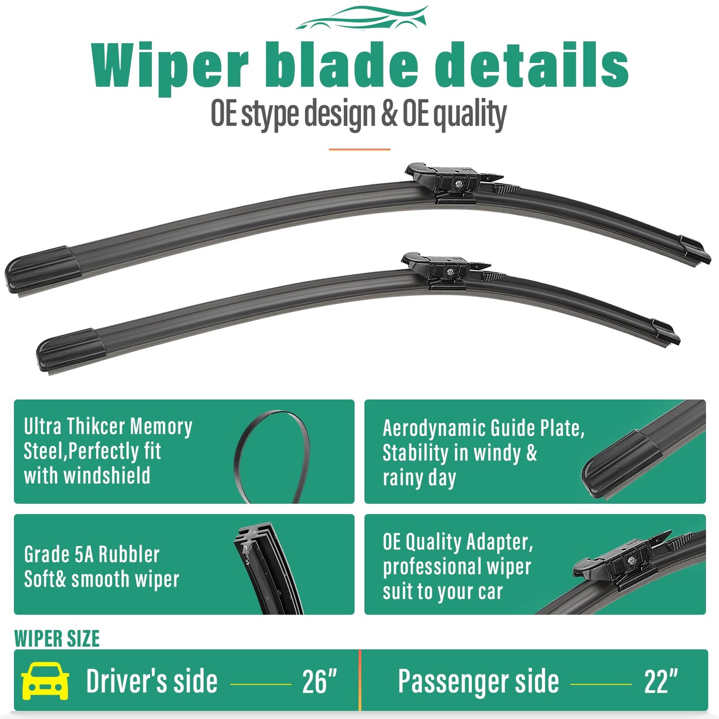 26" 22" 11" Windshield Wiper Blades Replacement for Ford Explorer 2011 2012 2013 2014 2015 2016 2017 2018 2019 2020 2021 2022 2023 2024 OEM Premium All Weather Front Rear Wipers Set (Pack of 3)