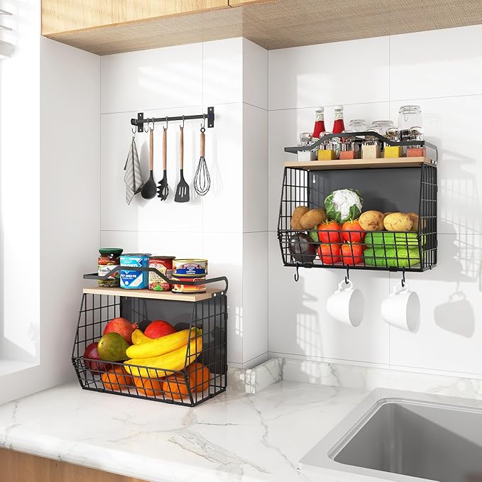 Magnetic Shelf for Fridge with Wood Lid, 2 Tier Fruit Baskets Wall Mounted