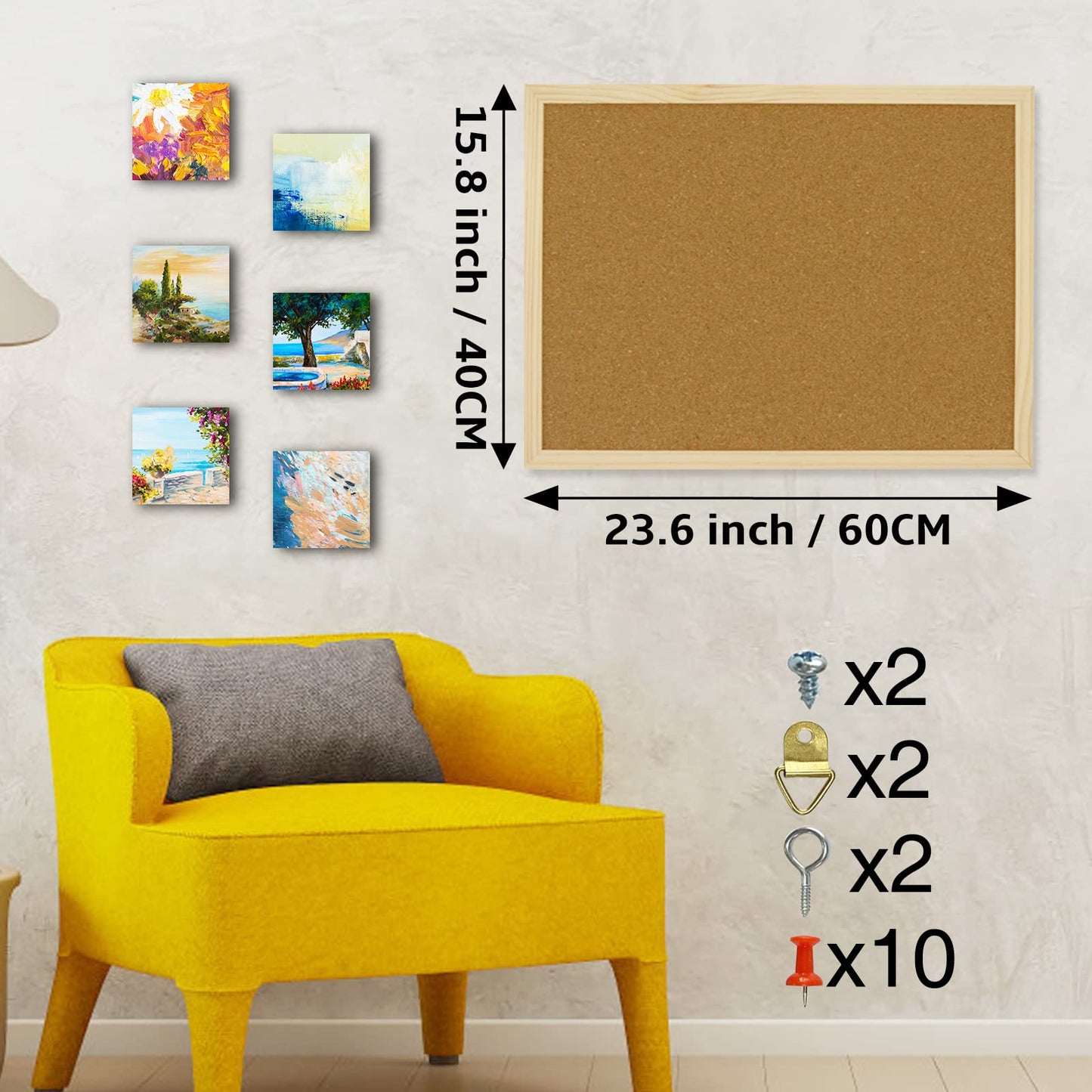 OWLKELA 60x40cm Thicken Cork Notice Pin Memo Board with 10 Pushpins and Hanging Rings Vision Bulletin Board for Office, Classroom or Home Classic Wooden Frame