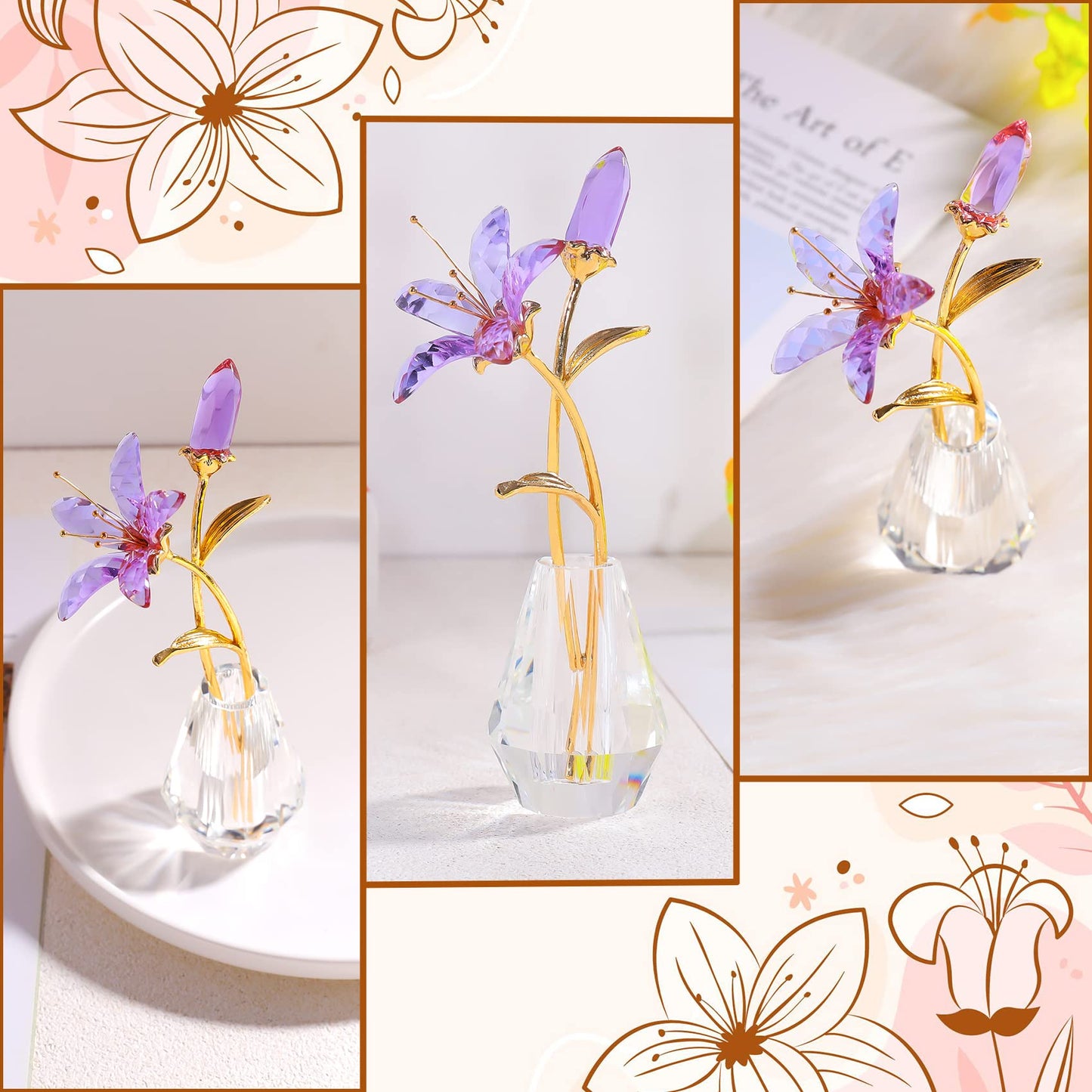 Crystal Tiger Lily Flowers with Crystal Vase, Purple