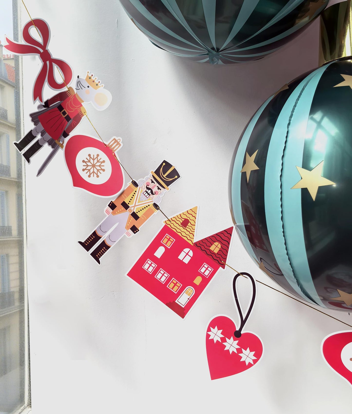 Eanjia Nutcracker Ballet Christmas Banner | Pack of 2|6ft Pre-Strung Satin Bow Garland Red & Green | 8ft DIY Paper Garland Mouse King,Tree, Bell,Castle Cutouts,for Xmas Hanging Sign Décor (Christmas)
