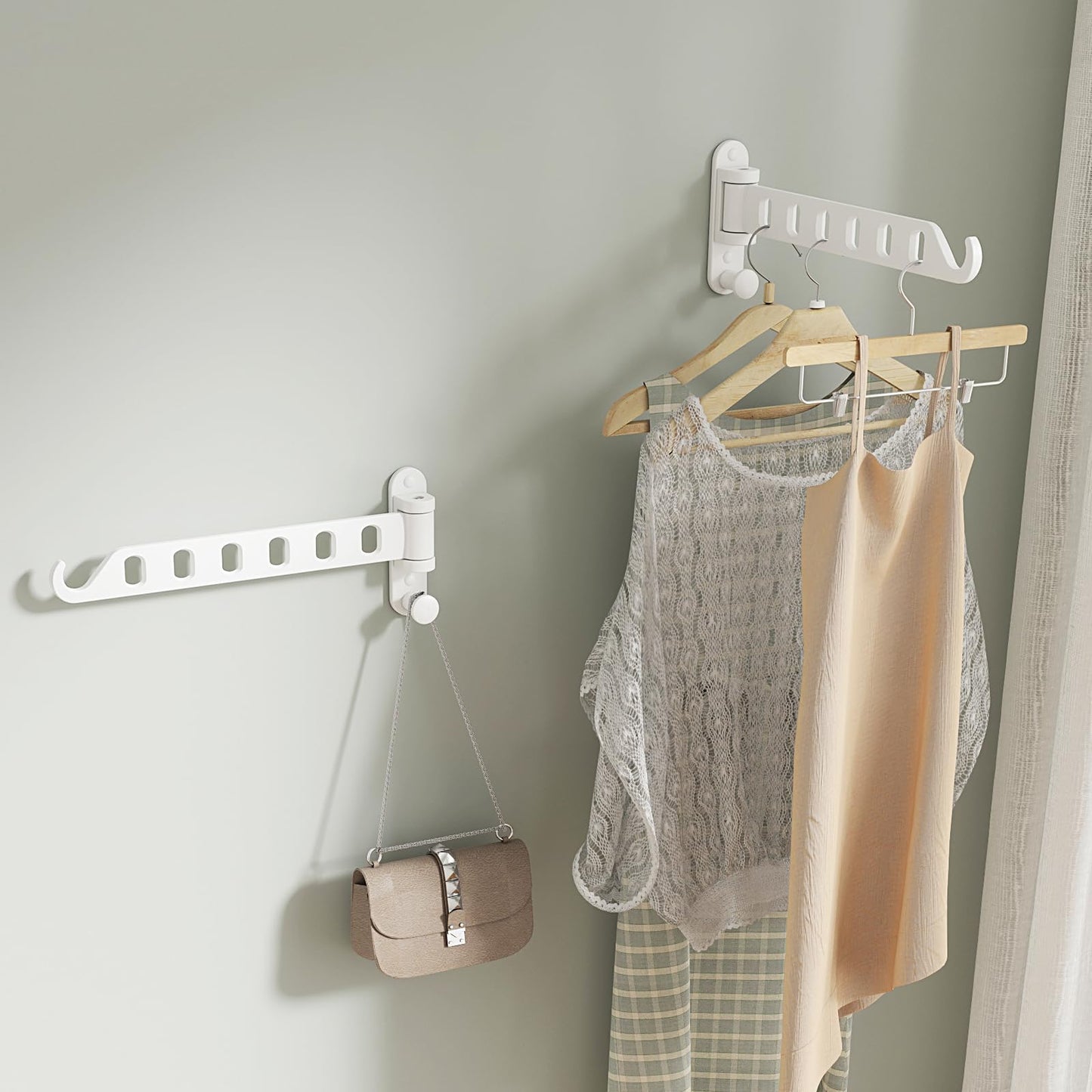 SKIKEN White Laundry Drying Rack with Swing Arm, Wall Mounted Clothes Hanging Rack, Swing Away, Folding Valet Hook, Sturdy Coat Hanger Holder for Laundry Closet (2-Pack, White)