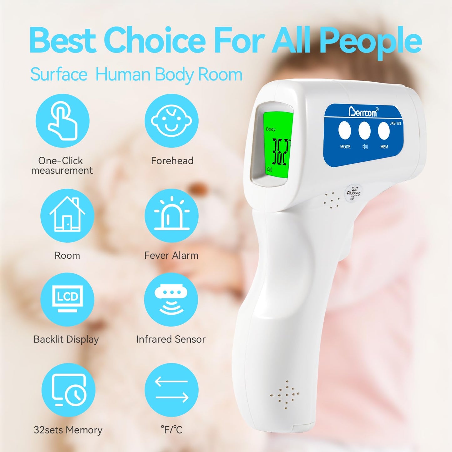 Berrcom Thermometer, 3 in 1 Contactless Infrared Fever Check Thermometer for Forehead, Ideal for Baby, Infant, Kids, and Adults, Batteries Not Included, JXB-178 (White)
